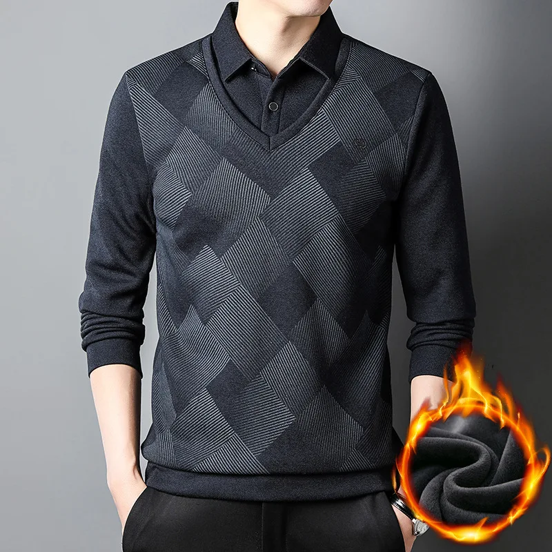 

Winter Men's Clothing Thick T-shirt Men's Lapel Fake Two Pieces Business Casual Fleece-lined Polo Shirt Thermal Bottoming Shirt