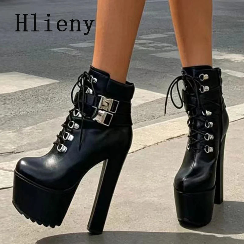 Hlieny Sexy Buckle Strap Extreme High Heels Platform Ankle Boots Women Round Toe Zipper Boots Stripper Prom Shoes Zapatos Mujer