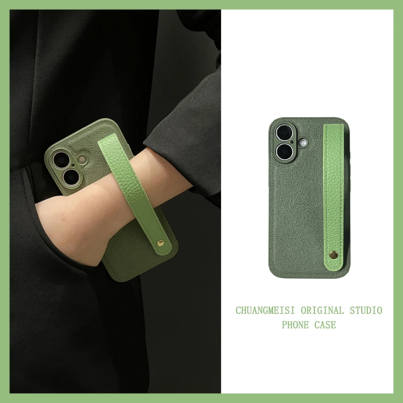 

Simple green leather wristband for apple 16 phone case iphone15promax creative 13promax 14promax 12pro fall protection case