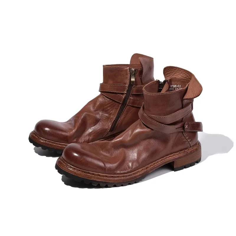 

British Style Horse Leather Ankle Boots Men's Shoes Retro Workwear Cowhide Zipper Chelsea Genuine Leather Outdoor High Top Boots