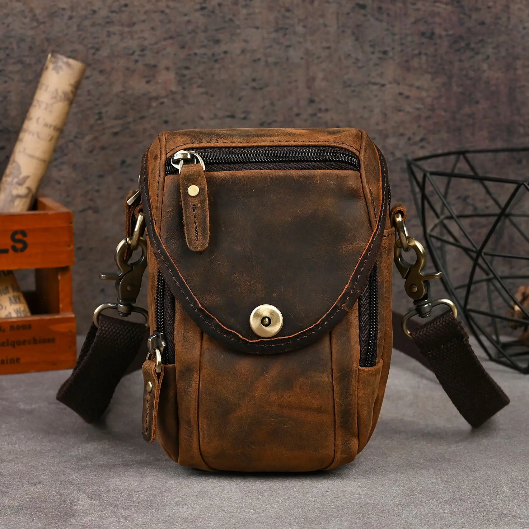 

Crazy Horse Leather Waist Pack for Men Outdoor Crossbody Bag with Hook Fits 7 Inch Phone, Vintage Hiking Chest Bag