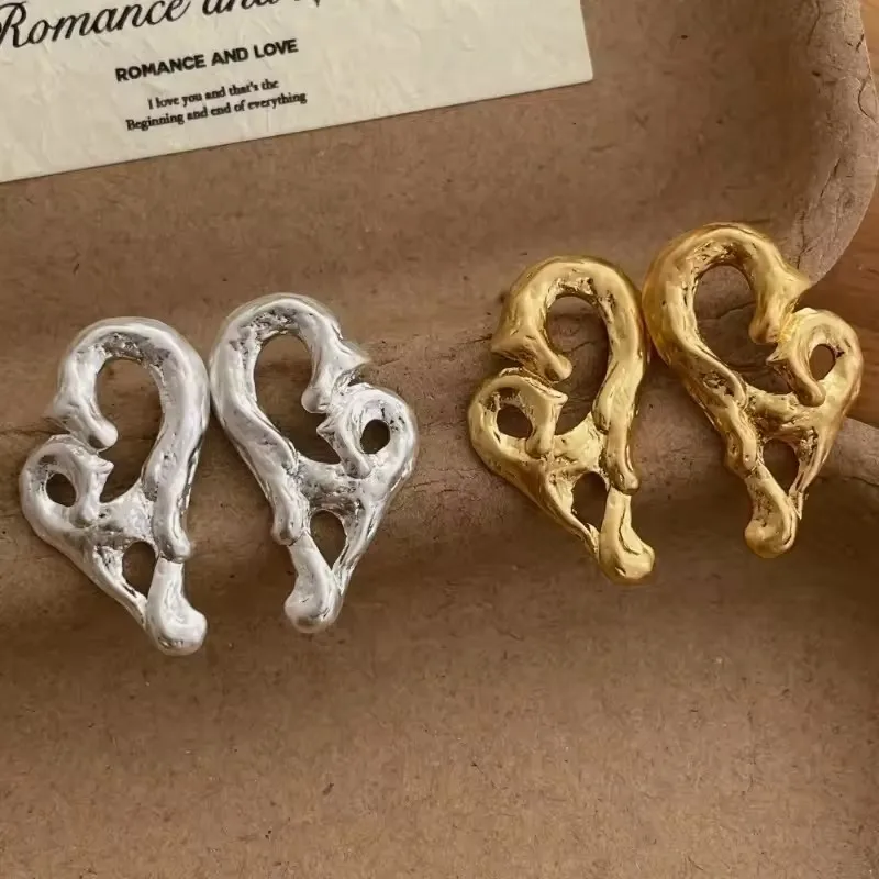 Kshmir Punk Cool Hammer Tone Metallic Hollow Out Irregular Heart Dangle Earrings for Women Real Gold Silver Plated Copper Alloy