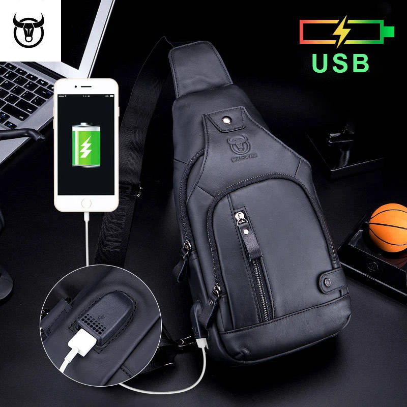 Imagem -03 - Bullcaptain 2023 Novo Couro Genuíno Estilingue Mochila com Porta de Carregamento Usb Multi-bolso Peito Bolsa Caminhadas Viagem Daypack Xb129