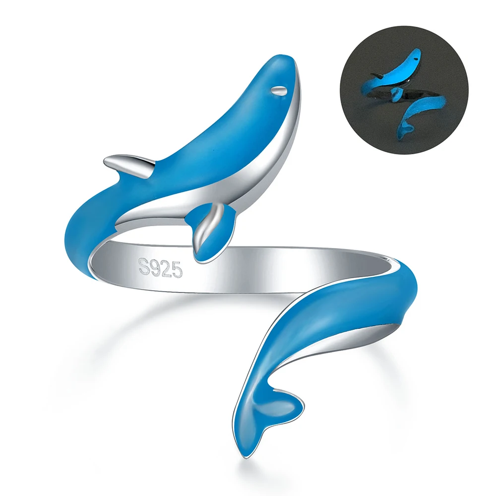 

925 Sterling Silver Whale Adjustable Cute Sea Animals Glowing In The Dark Enamel Fish Rings Birthday Jewelry Gift for Women Wife