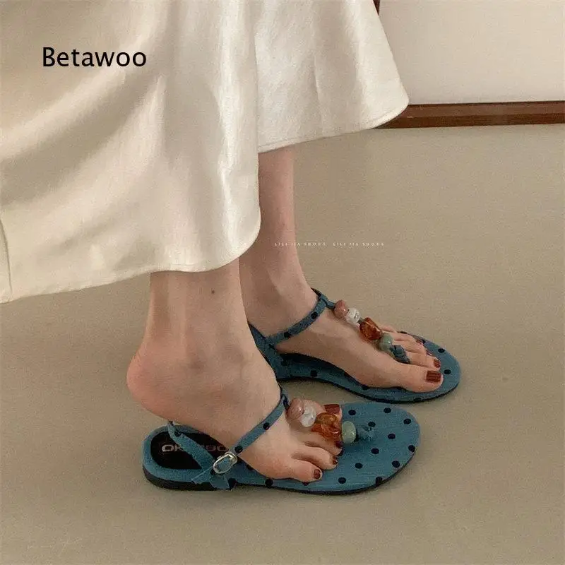 Sandalias Planas Retro con Clip para el Dedo del Pie y Adornos de Cuentas Francesas para Mujer, Zapatos de Verano para Vacaciones en la Playa 2026