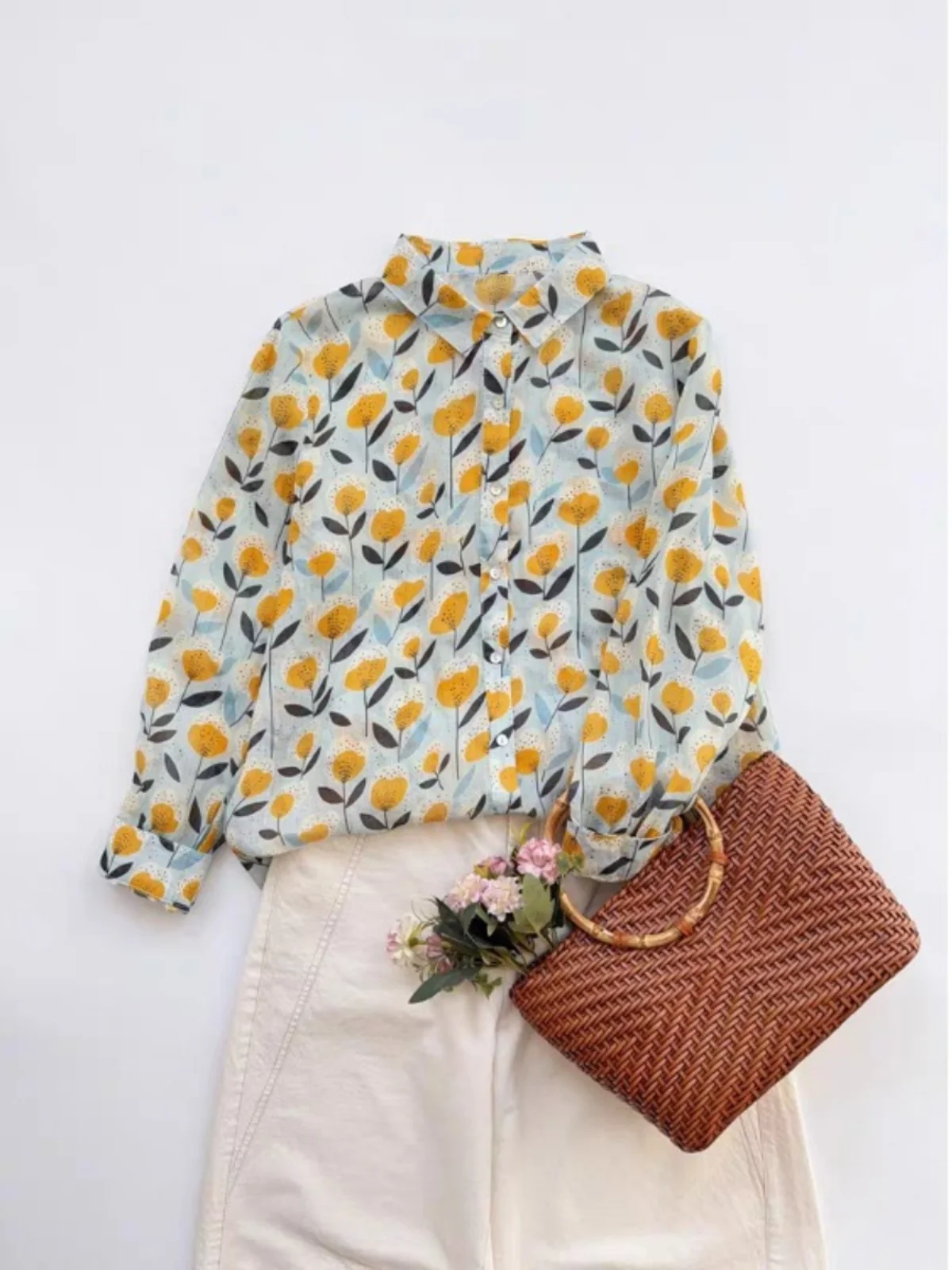 Ele Cotton Linen Print irt Women's Long Sve Spring Summer New Sle Vintage Loose irt Artistic Flounce Design