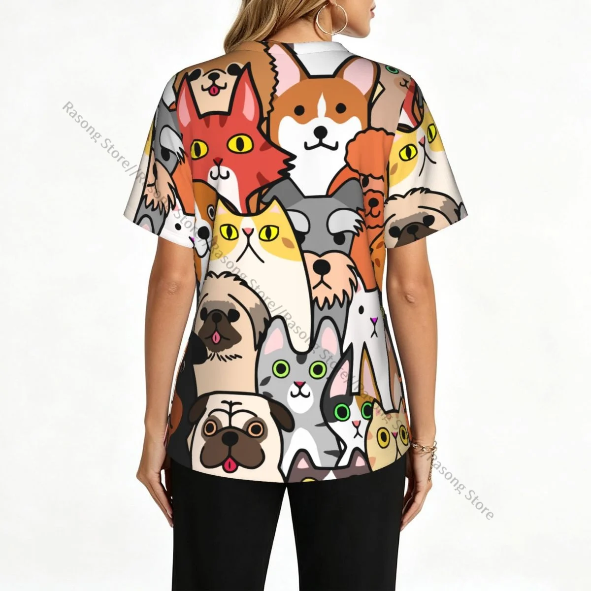 Doodle Dogs And Cats Faces Scrubs tops medical uniforms women V Neck Stretch Scrub Shirt Dentist doctor Blouse
