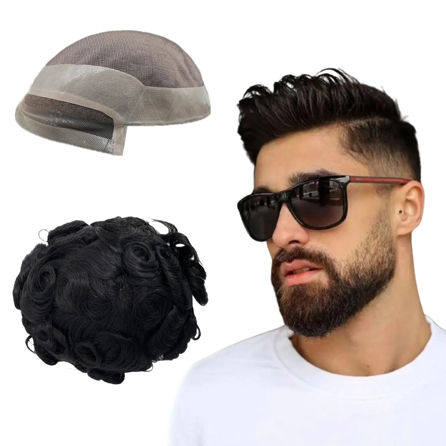 

N.L.W Front Lace and Mono with PU around 10*7'' Toupee for Men Men Toupee Human 25mm curl Hair prosthesis Natural black