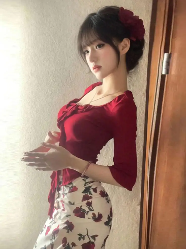 

Ele Red Bodycon Skirt Set Unique Sister Sle Spring Faion Outfit Long Sve irt And Printed Skirt Ensemble