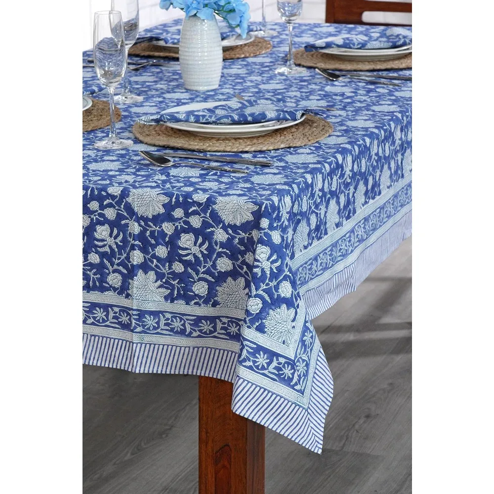 Floral Hand Block Print Cotton Cloth Dinning Table Cover Farmhouse Thanks Giving Christmas Spring Tablecloth 80x120 Inches