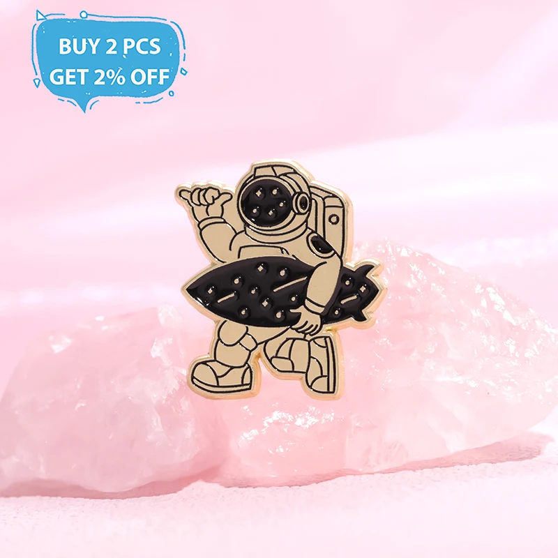 Cute Astronaut Enamel Pins Custom Space Whale Rocket Skateboard Night Moon Brooches Lapel Badges Punk Jewelry Gift for Friend