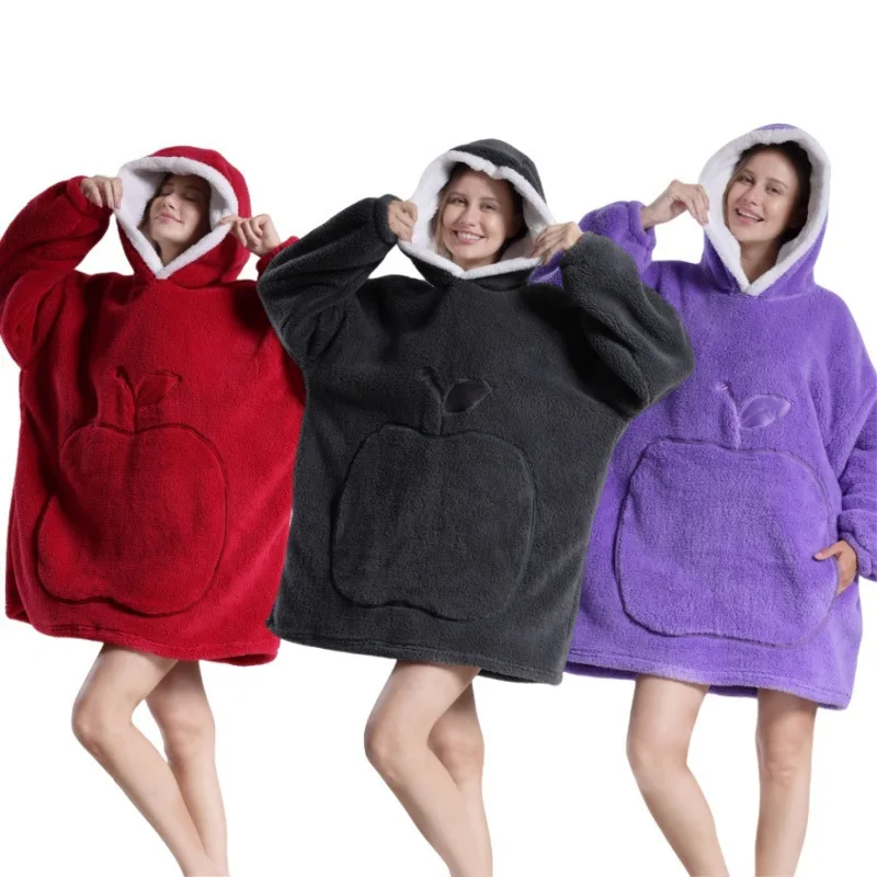 Women Plush Sleeping Blankets for Winter Robes Cute Fruit Pattern Warm Thickened Pullover Hooded Pajamas Loose Loungewear Sets