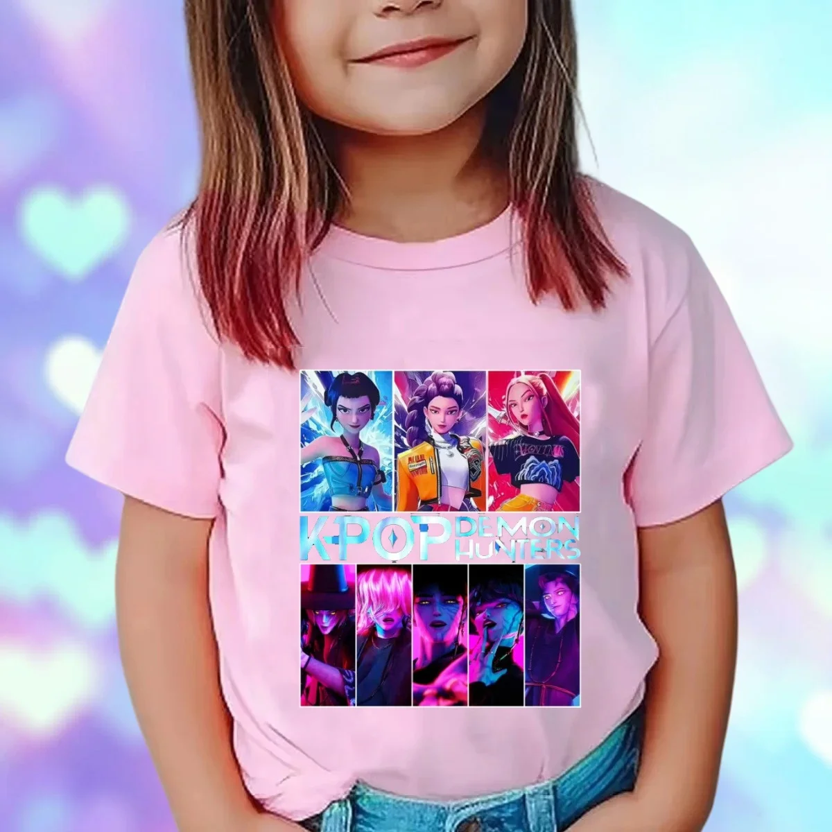 Kpop شيطان الصيادين ملابس الأطفال قصيرة الأكمام الوردي تي شيرت Kpop شيطان الصيادين النمر Harajuku التي شيرت للبنين بنات هدية #6