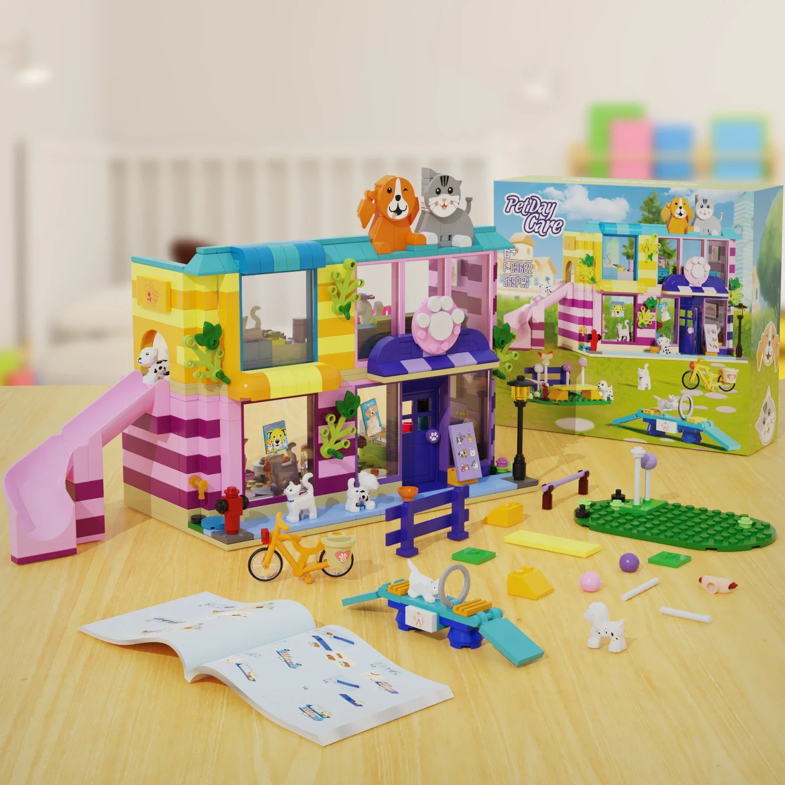 OC สัตว์ชุมชนสวนสนุก Building Block ชุด Pet Day Care House Room รุ่น DIY เด็กปริศนาของเล่นของขวัญวันเกิด 569 ชิ้น