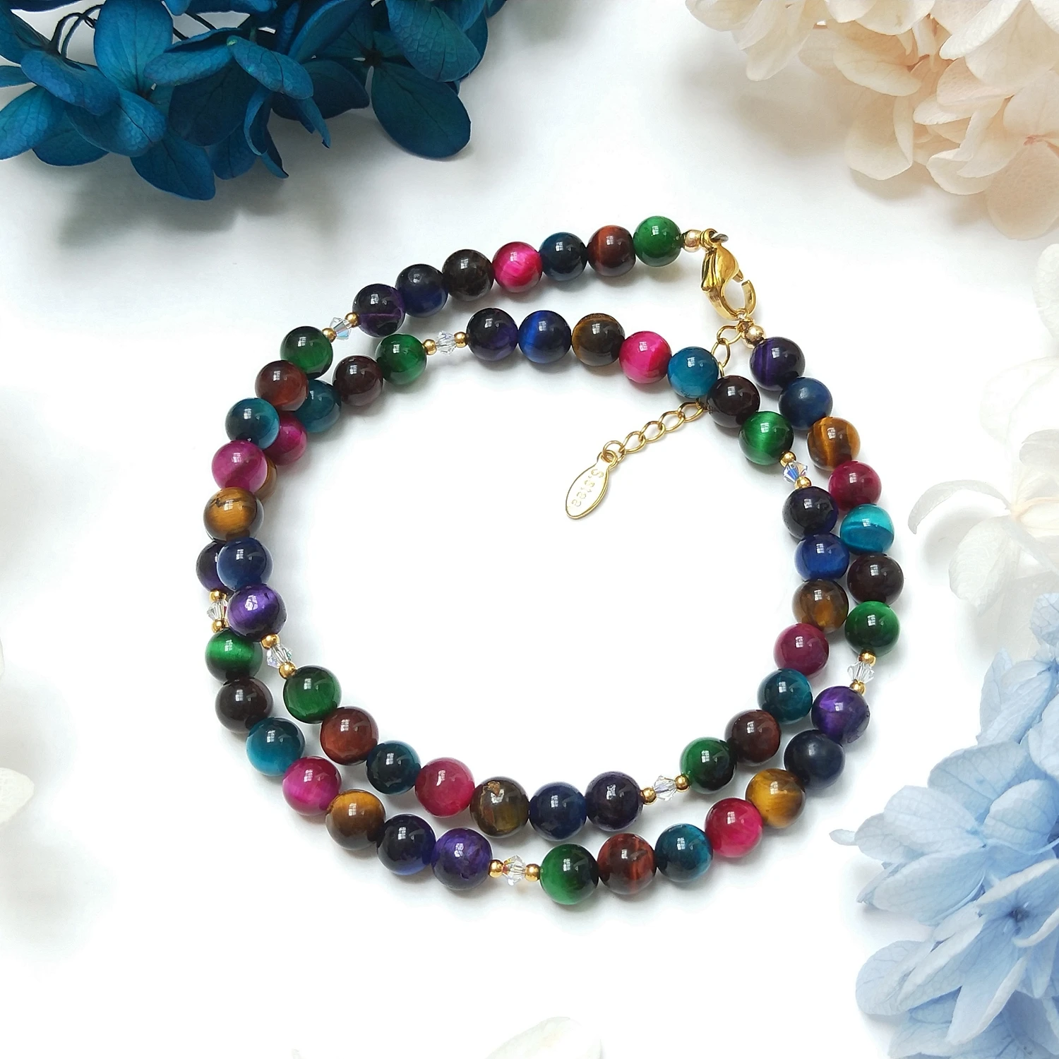 

Lii Ji 6MM Rainbow Tiger Eye Natural Stone Stainless Steel Necklace 45+3cm Trendy Bohe Necklace For Male Female