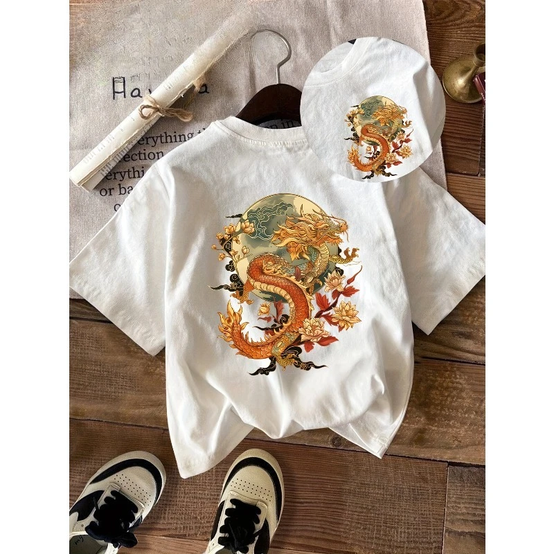 Double-Sided Vintage Yellow Dragon Lotus Deep Red Moon Flower Dragon Art Print T-Shirt Short Sleeve Crew Neck Casual Women's Top
