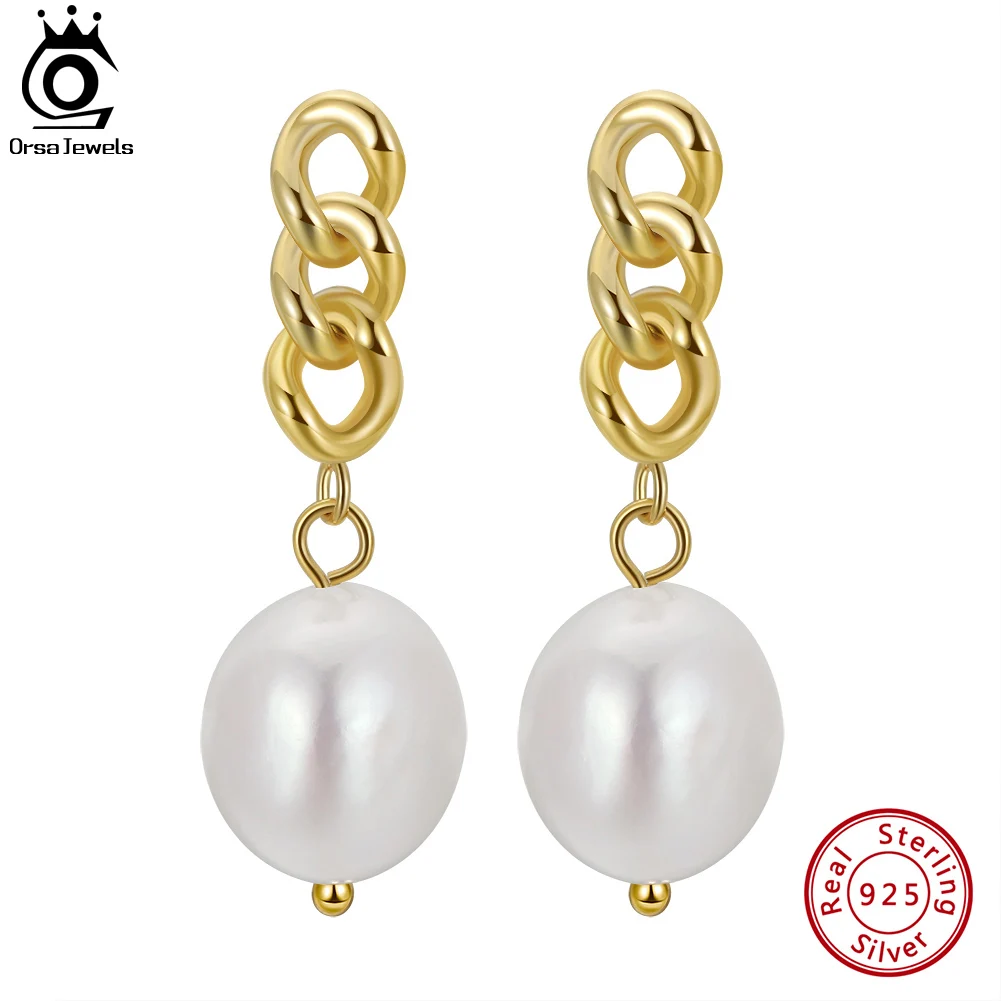 

ORSA JEWELS Cultured Freshwater Pearl Pendant Earrings 925 Sterling Silver 14K Gold Twist Chain Pearls Dangle Earrings GPE51