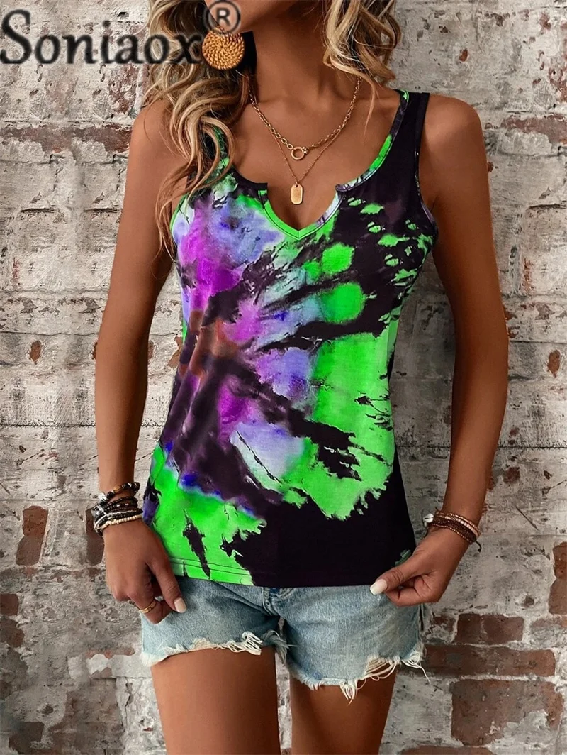 Women's Fashion Colorful Painting T-Shirt Summer V Neck Strap Tees Female Slim Fit Sleeveless Tops Daily Casual Vest Streetwear