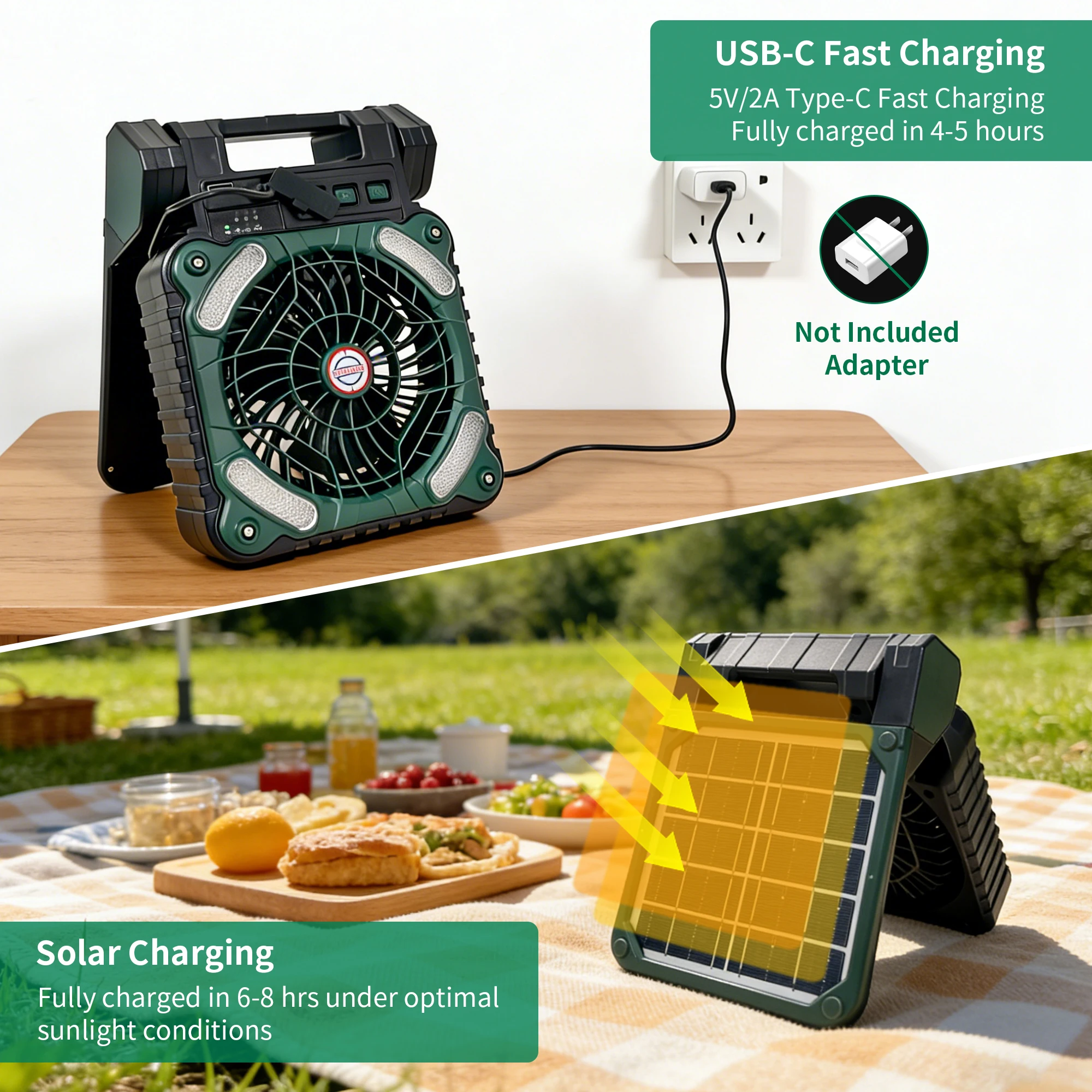 Solar Fan Light Portable Camping LED with 4 Speed Fan, Emergency Power Bank for Home Outdoor Fishing Blackout