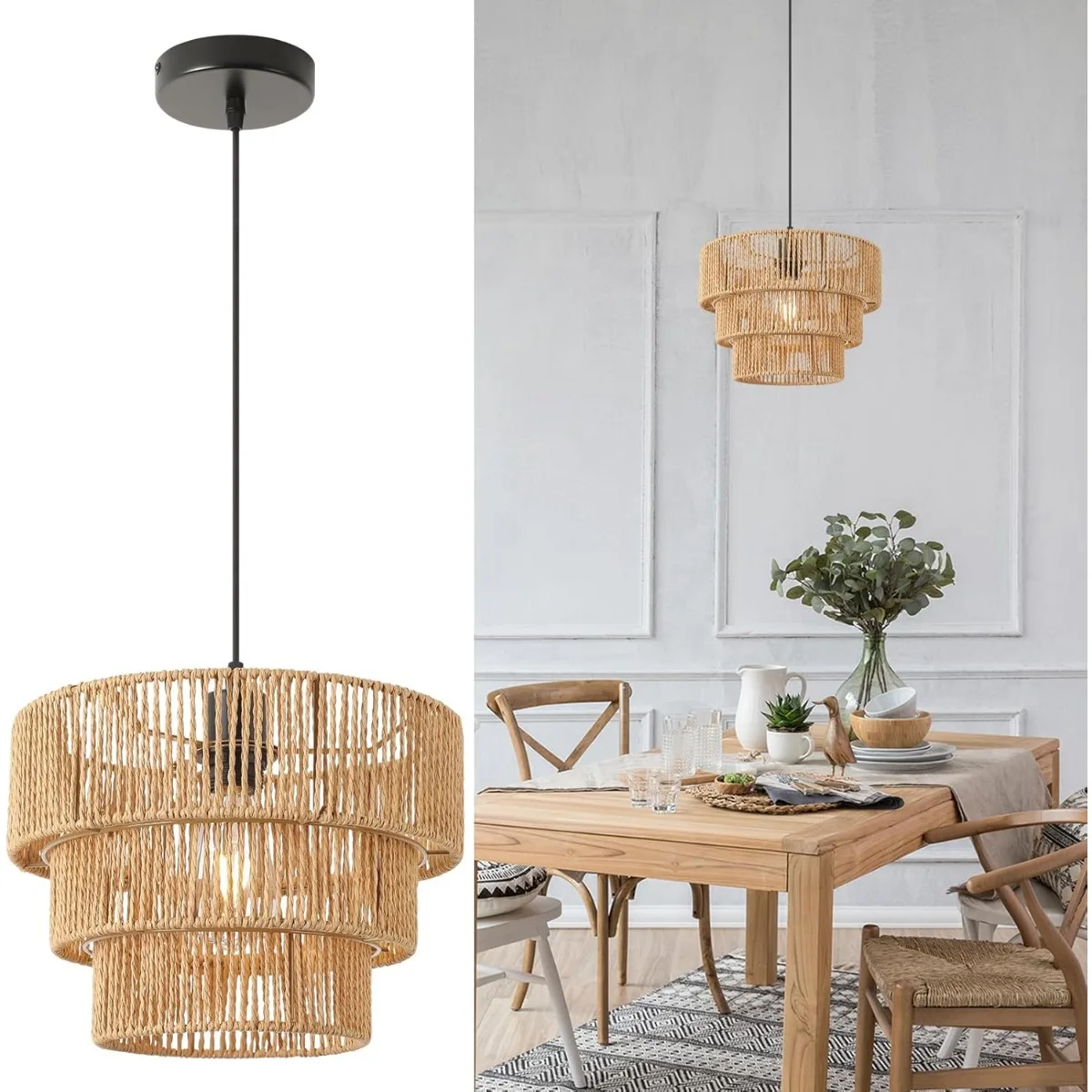 JOYINLED 30cm Braided Paper Rope Chandelier Boho Rattan Pendant Light E27 Vintage Lighting Dining Table Living Room Bedroom Lamp