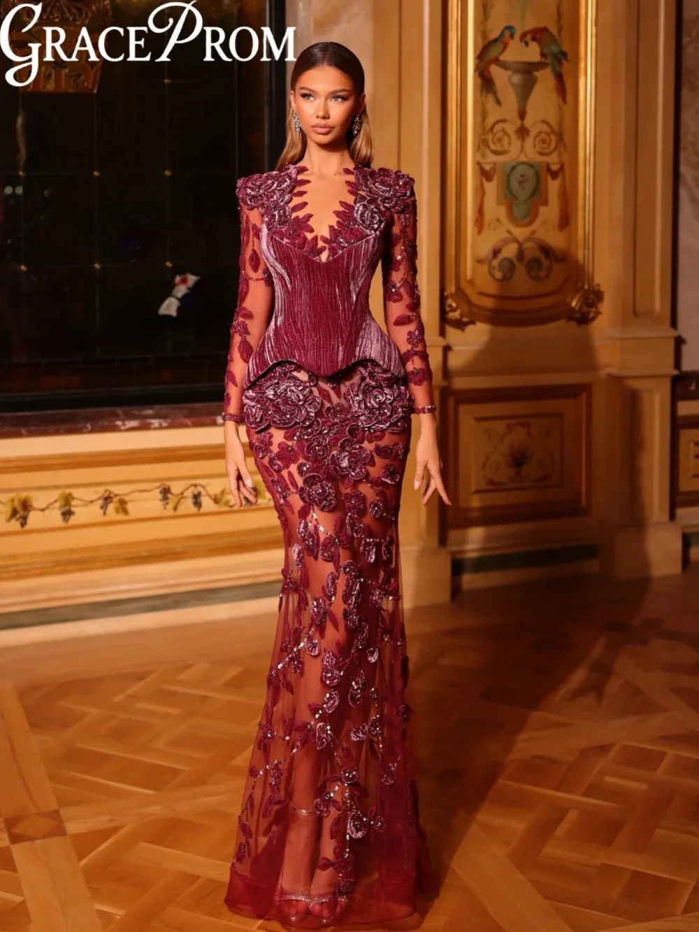 

Роскошное вечернее платье с 3D цветочной иллюзией и бисером, структурированный корсет, свадебное платье с длинными рукавами, платья для выпускного вечера по индивидуальному заказу