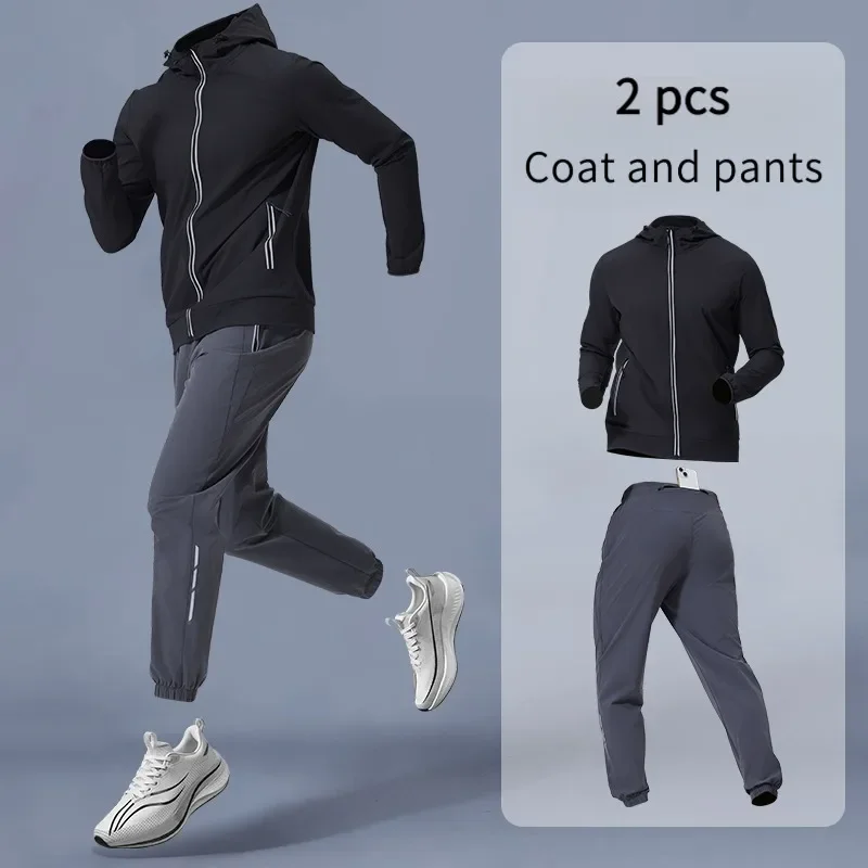 

Men's Sportswear Set with Hood Training Gear Breathable Jacket And Pants Fitness Outfit for Comfortable Exercise Clothing