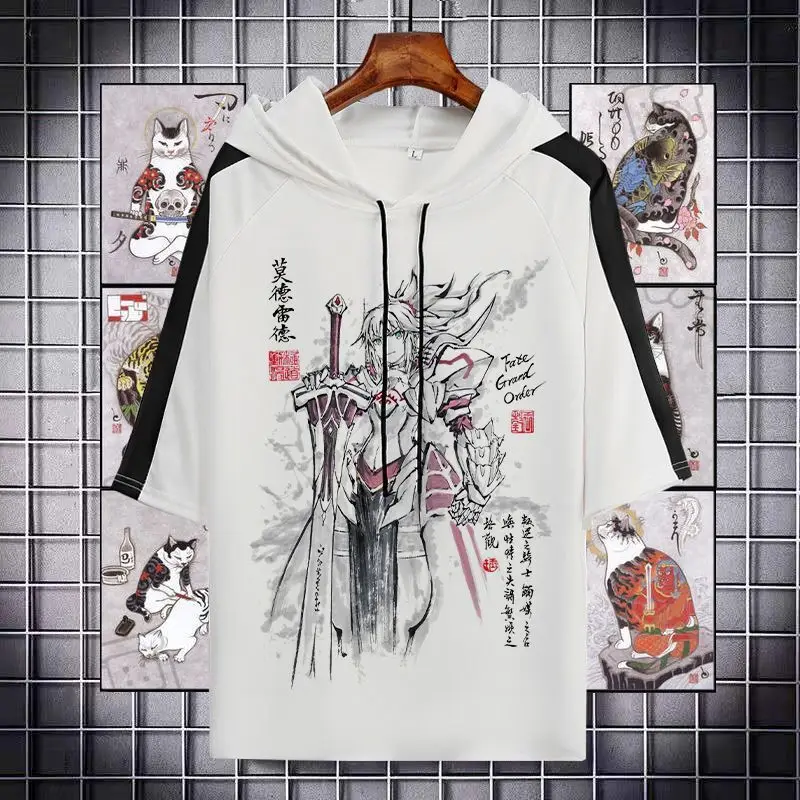 

Fate Game Merchandise Saber Half-Sleeve Hooded T-Shirt FGO Black And White Jeanne D'arc Anime Otaku Men's Casual Clothing Trendy