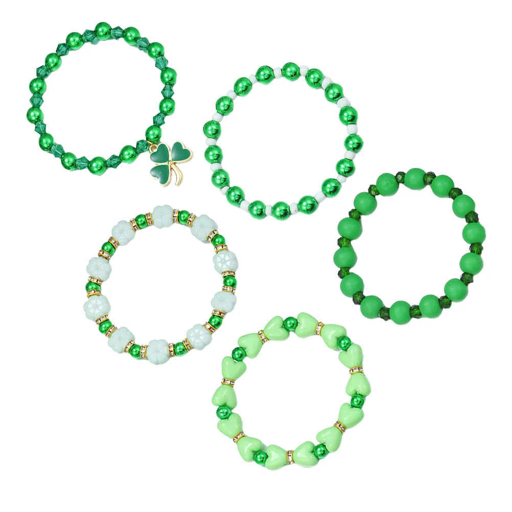 

5 Pcs St Patricks Day Party Favor Bracelets Green Beads Women Birthday Gift Spring Holiday Jewelry Set