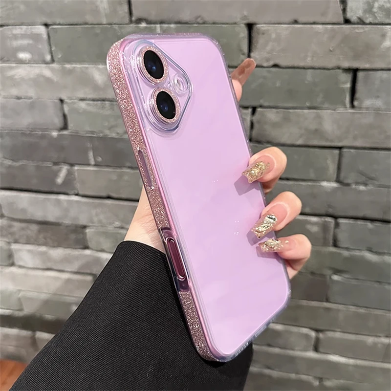 Fashion Clear Tempered Glass Hard Case For iPhone 16 15 14 13 12 Pro Max 16 Plus Glitter Bling Soft Bumper Lens Protection Cover