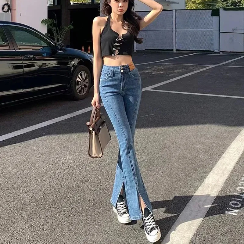 Korea Style Flared Jeans Vrouwen Hoge Taille Fashion Casual Lange Broek 2022 Zomer Herfst Vrouwen Denim Broek Slipt Voor lady Meisjes