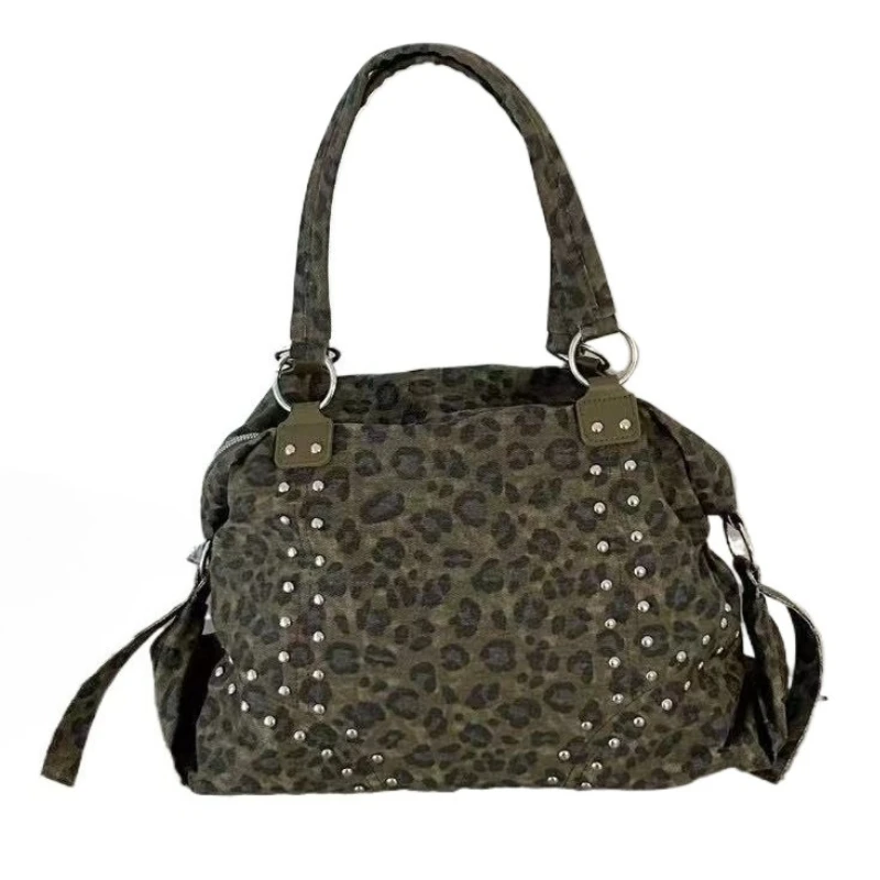 

Large-capacity Retro Rivet Leopard Print Tote Bag 2025 Autumn/winter New Women's Single-shoulder Handbag, Street Motorcycle Bag