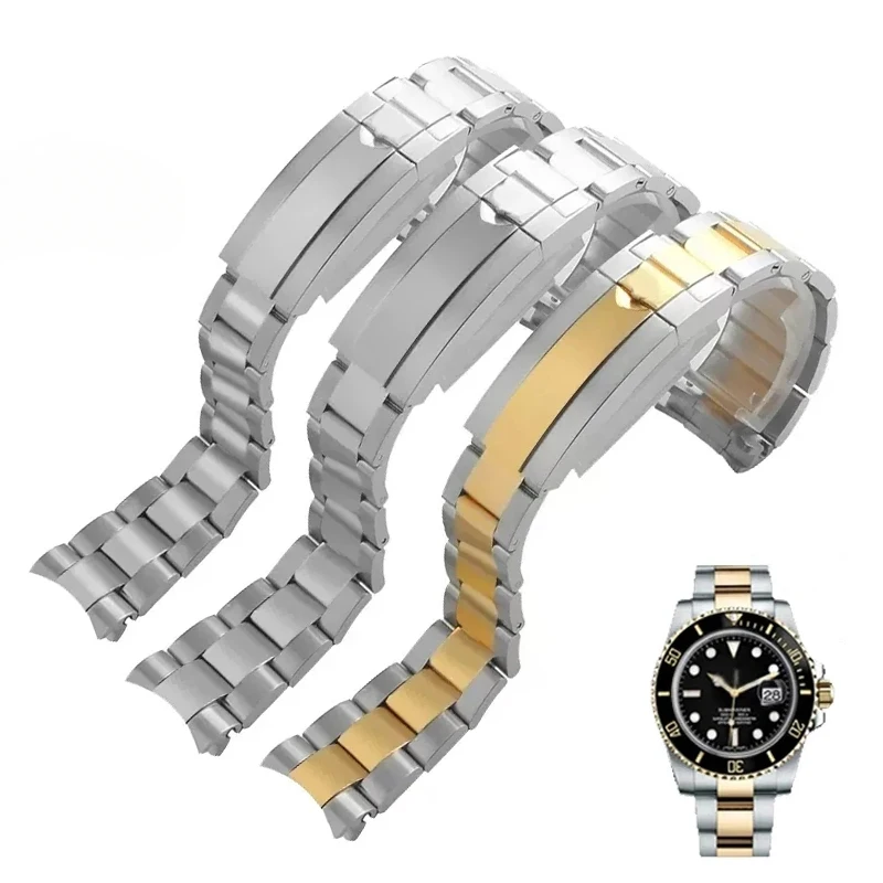 20mm 21mm Silver Black Rose Gold Solid Stainless Steel Bracelet For Rolex Submariner Deployment Clasp Watchbands