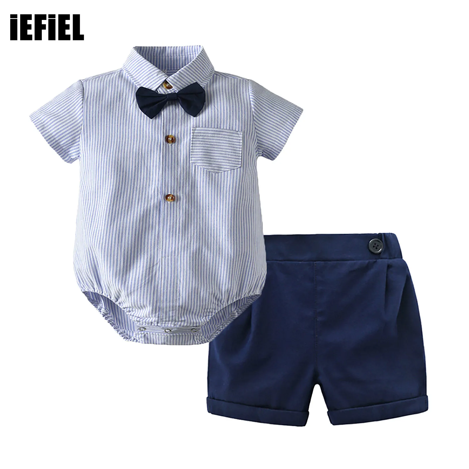 

Toddler Baby Boys Summer Clothes Set Short Sleeve Turndown Collar Bow Romper with Solid Color Shorts Gentleman Suit