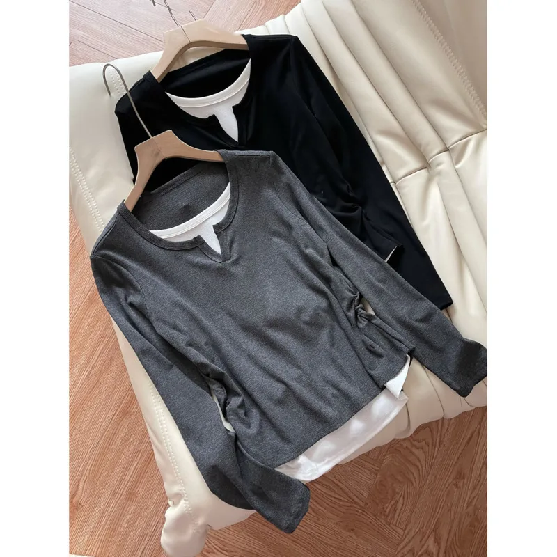 Autumn Fake Two Piece Folds Waist T-shirt Women Color Contrasting Round Neck Long Sleeve Threaded Cotton Elastic Tops