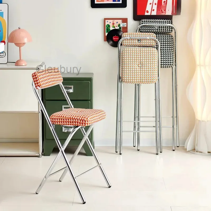 Vintage Foldable Bar Stool, Houndstooth Pattern Upholstered Space-Saving Counter Height Stool for Kitchen Island, Bar Spaces