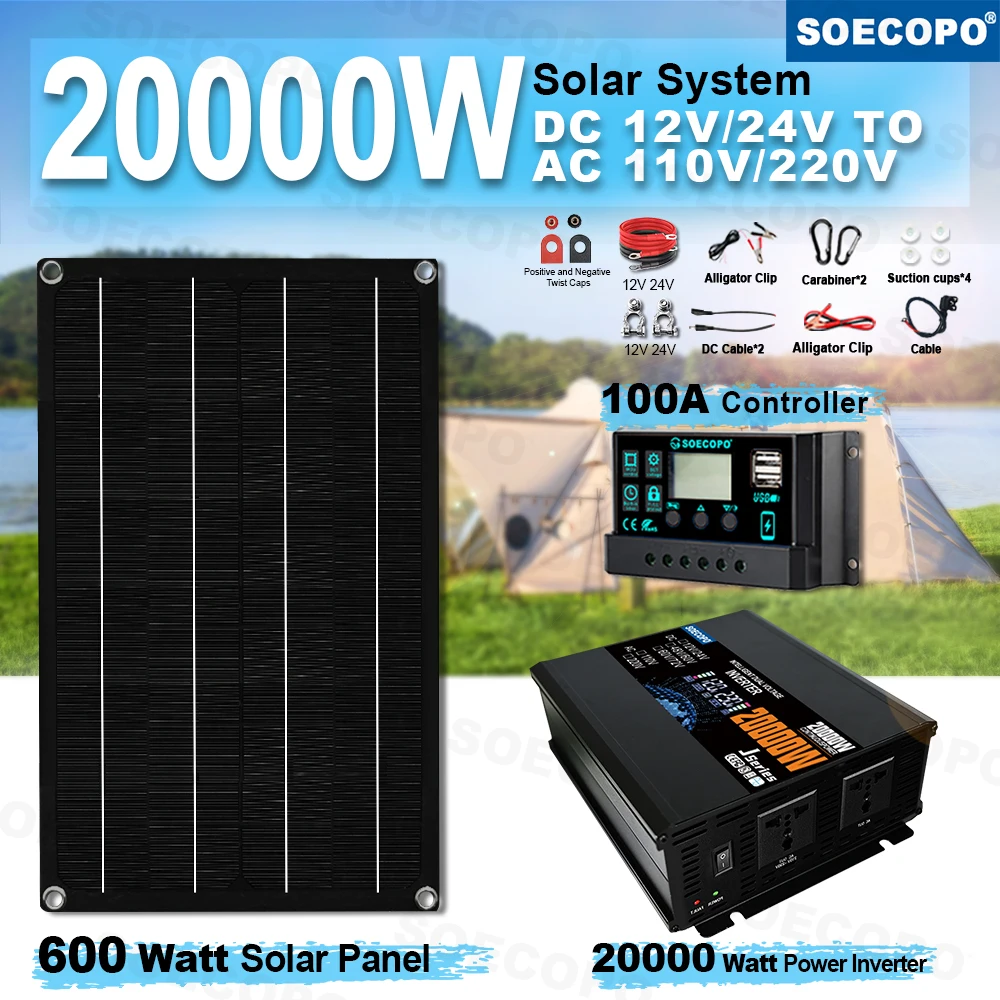 SOECOPO 20000W Inverter(2 sockets) Complete Solar System Set 600W Solar Panel 100A Controller for Home Camping Emergency Use