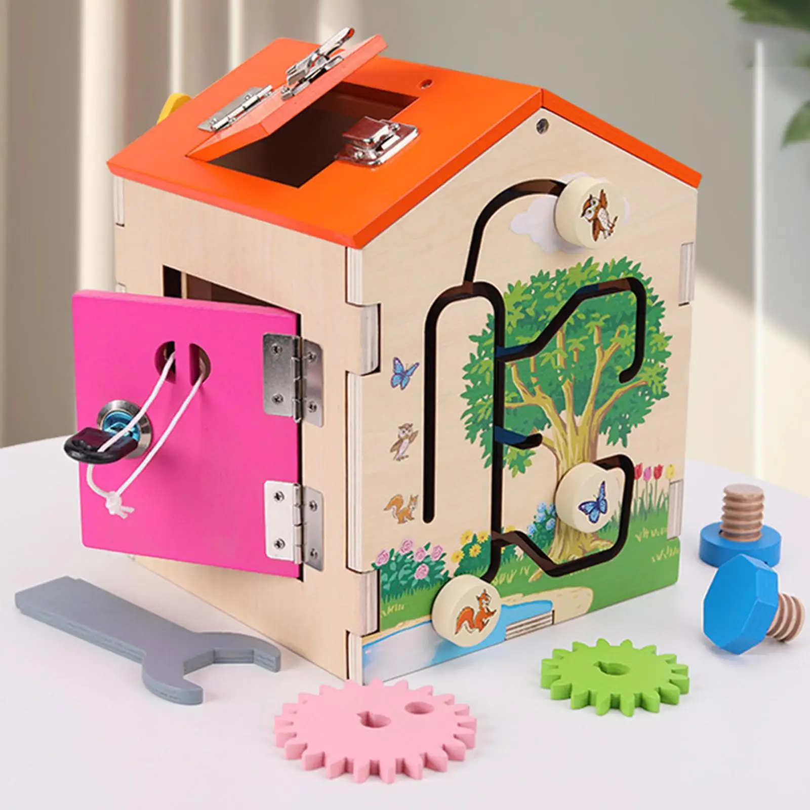 Wood Busy House Track Early Educational Sensory Fine Motor Training for Hands on Learning Reativity Thinking Coordination Color