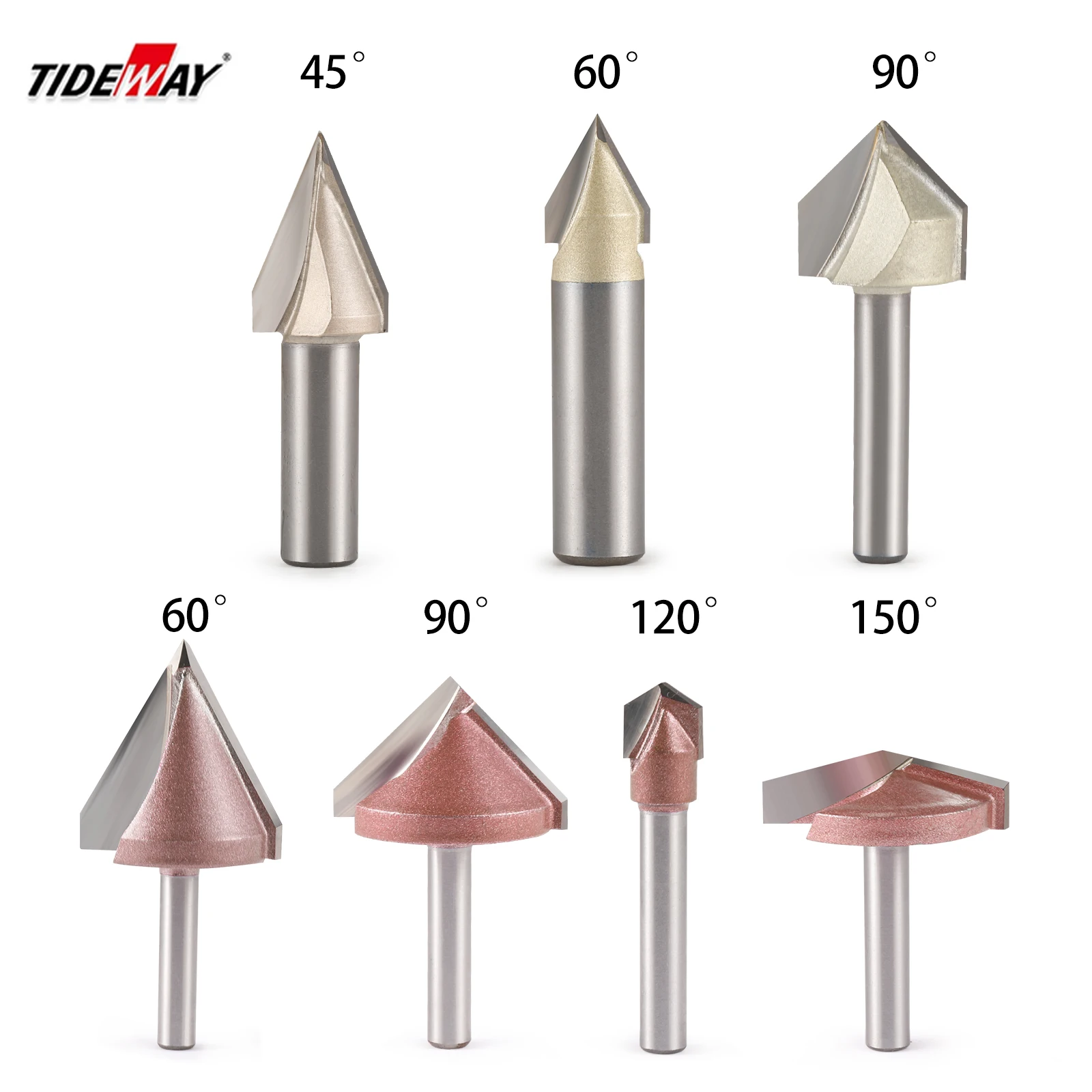 TIDEWAY 6/6.35/12.7mm V Bit CNC Solid Carbide tungsteno Steel Router Bit 3D Wood MDF End Mill 60 90 120 150 gradi