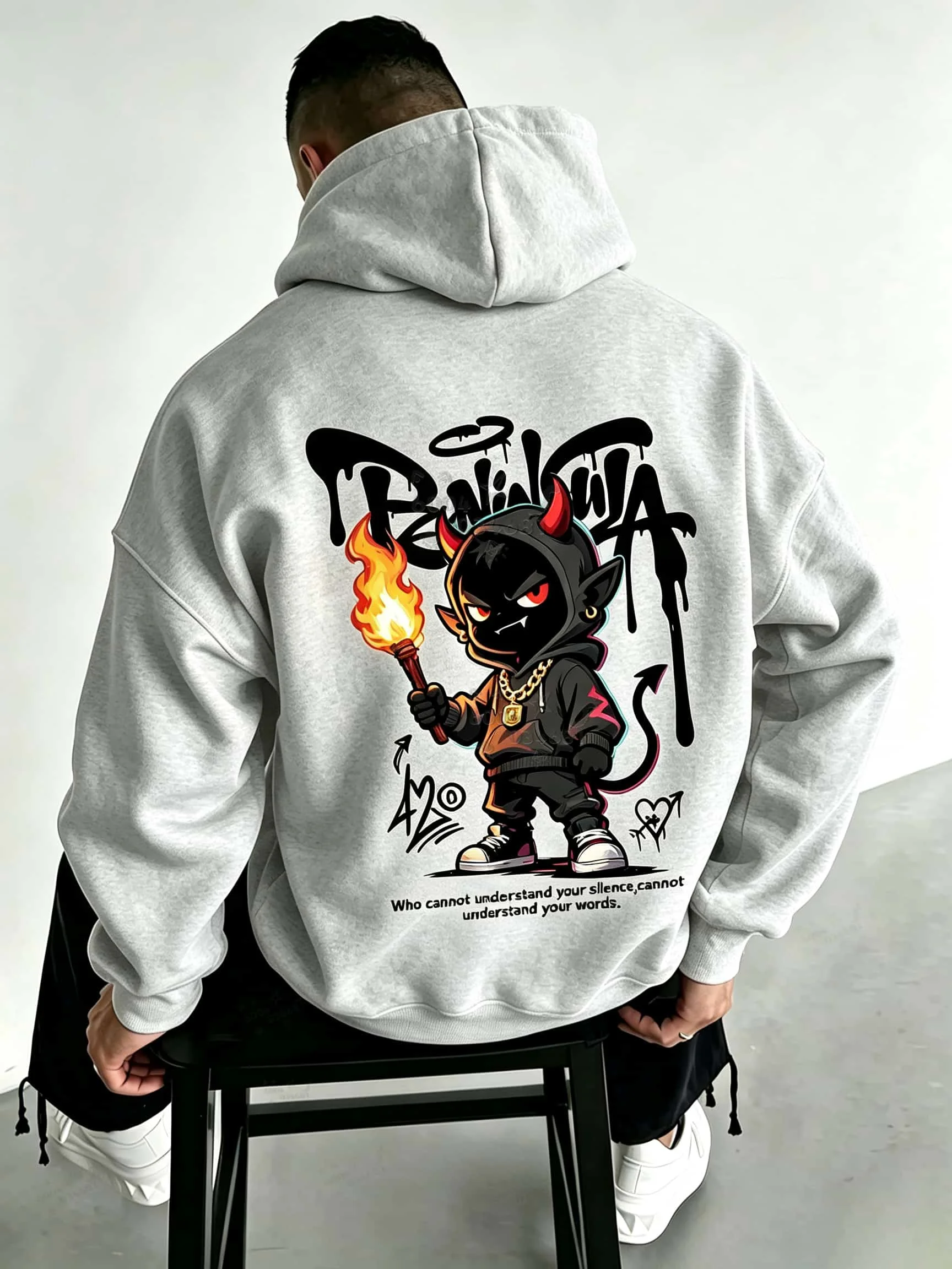 Trendy couple back design devil print hooded sweatshirt for teenagers - soft and loose, a streetwear style with a hooded top.
