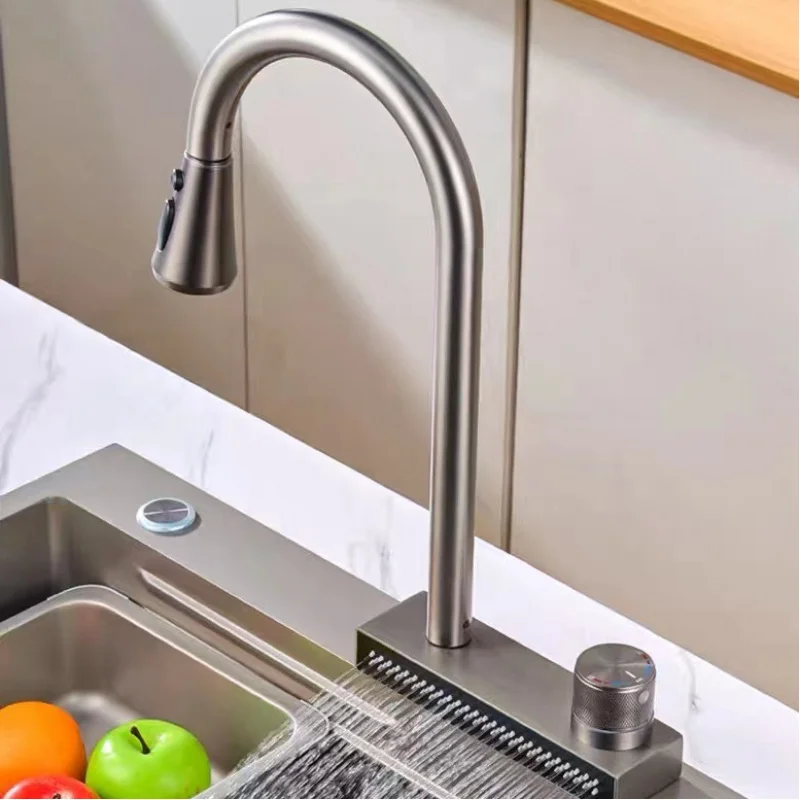 

Stainless Steel Kitchen Faucet With Waterfall-Style Spout, Single Handle, Cabinet-Mounted, Suitable For Kitchen Sinks, Counterto