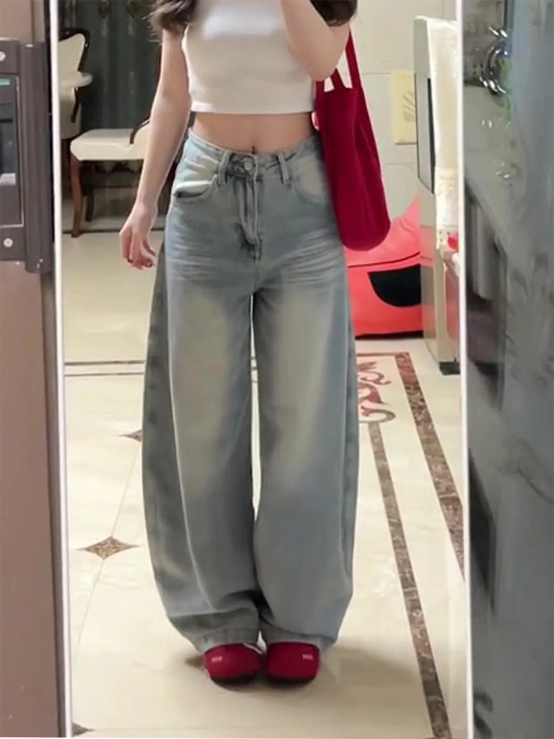 

Slimming High Waist Wide Leg Straight Cut Vintage Washed Denim Jeans for Women Summer New Style Pear Shaped Body Fit Loose Fit