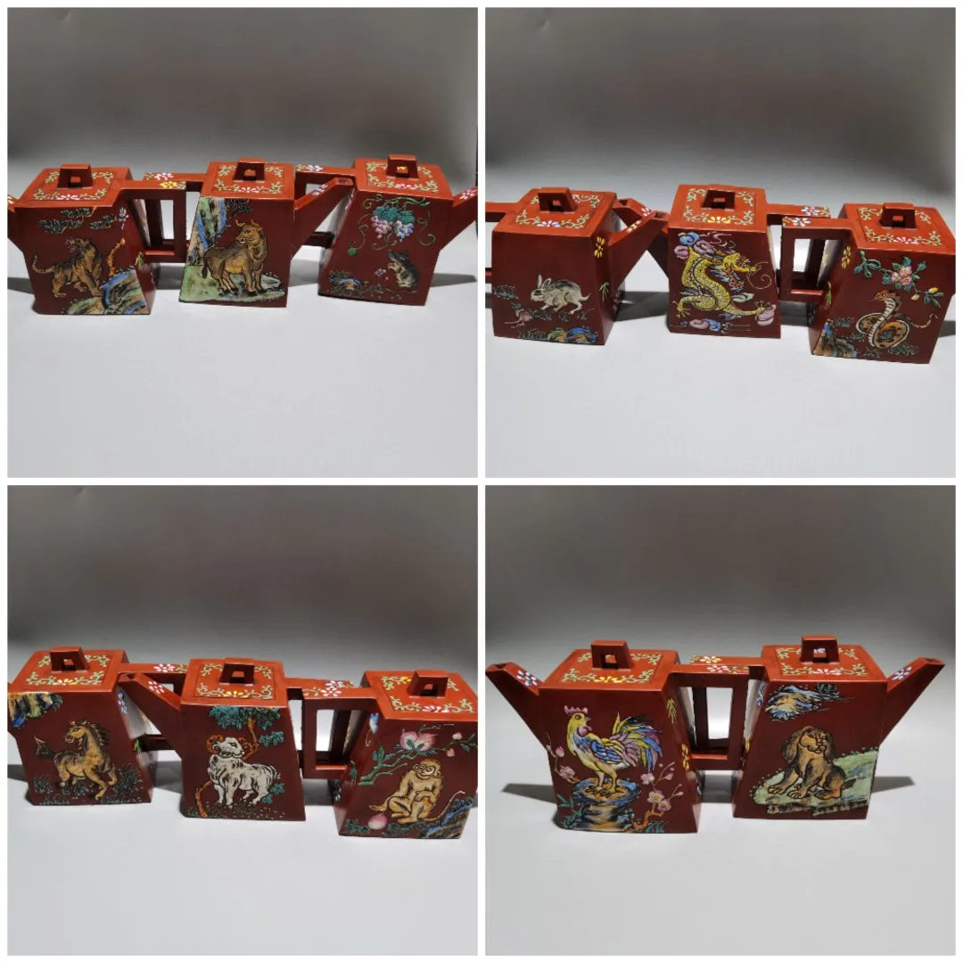 Yixing Purple Clay Pot Painted Chinese zodiac patterned teapot 12 square pots a set Kettle Teapot Flagon