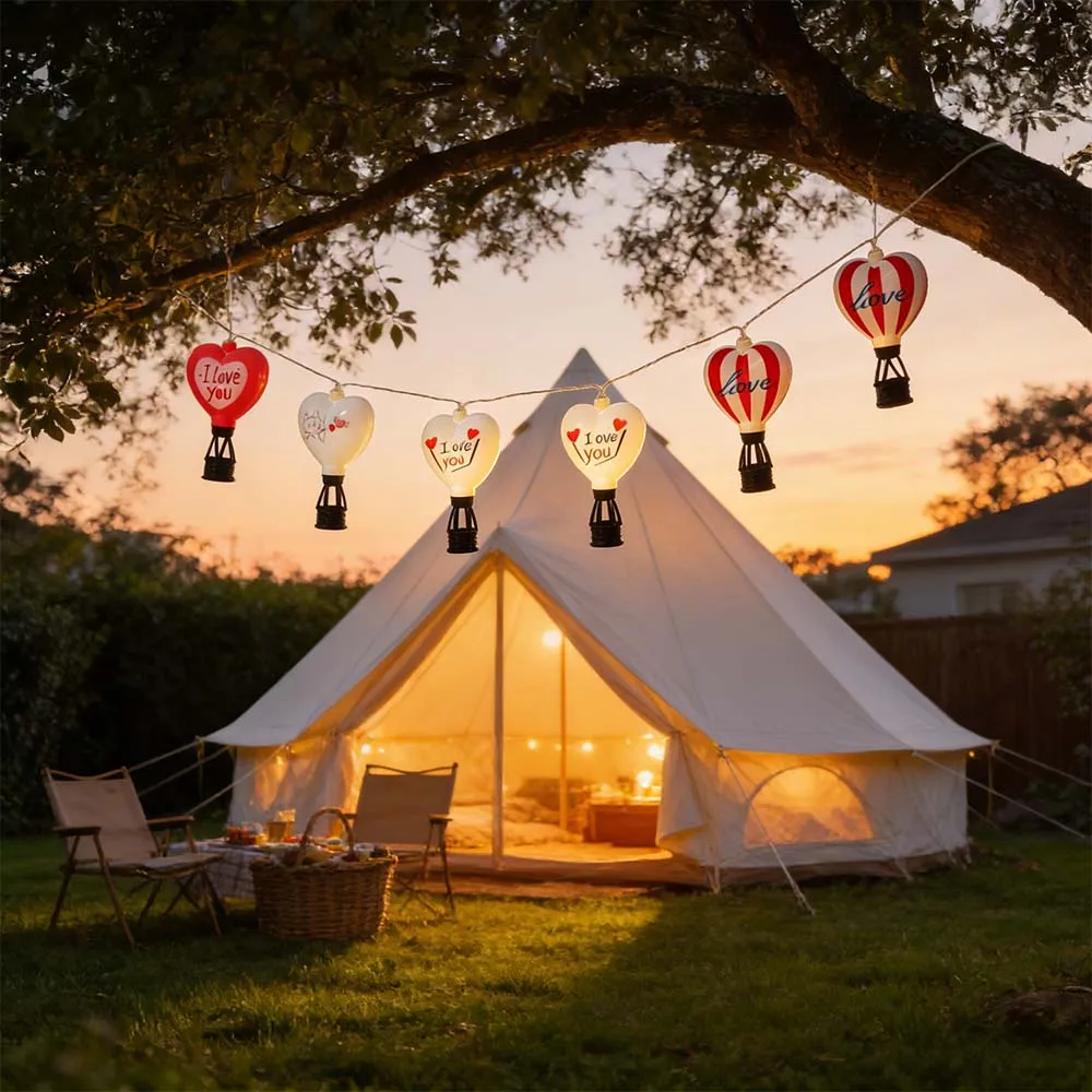 1PC 10LED Romantic Hot Air Balloon String Lights, Love Print Cartoon Balloon LED Lamp for Indoor Outdoor Anniversary Party Decor