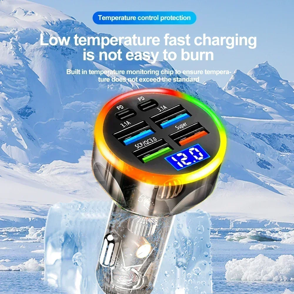 Car Fast Charging Multi-port Charger 12-24V Colorful Light One-to-six QC3.0 Quick Charging Adapter For Most Models Phones