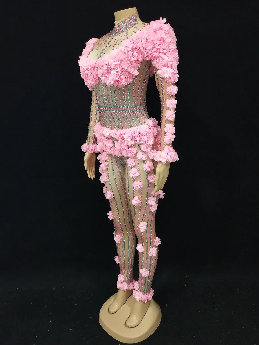 Pink Flower Rhinestones Jumpsuit Women Birthday Party Drag Queen Dance Costume Long Sleeve Elastic Leotard Singer Stage Wear