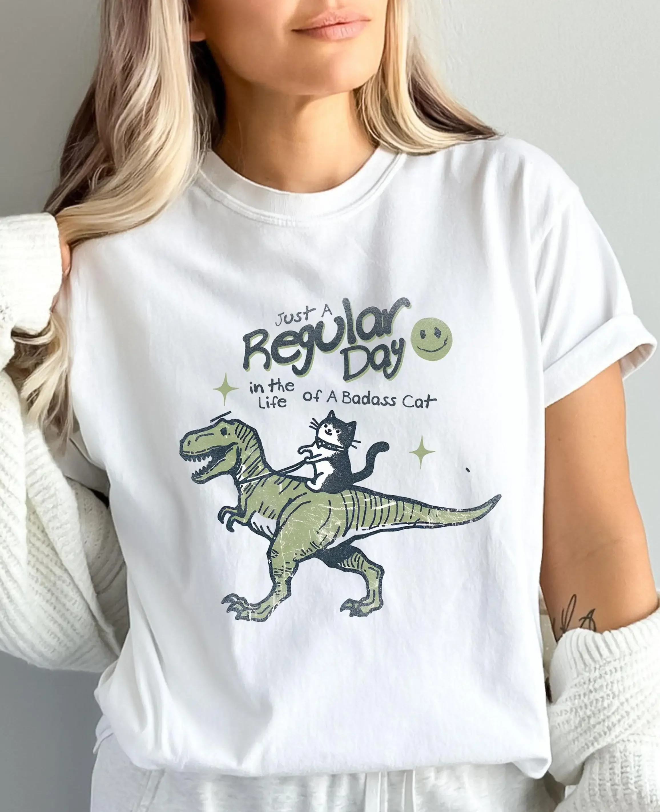 Cool Cat Riding Dinosaur T Shirt Vintage Lover Funny Sarcastic and mom dad