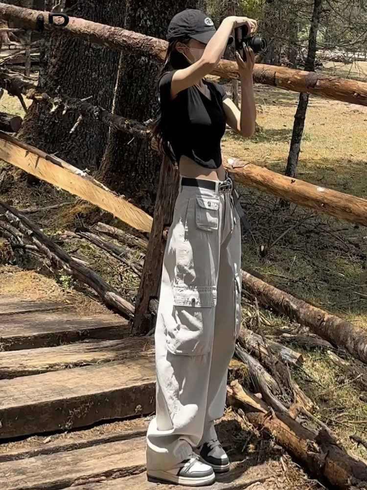 

Американские джинсы в стиле High Street, песочного цвета, рабочие, женские, с высокой талией, утягивающие, удлиненные, с множеством карманов, повседневные, в пол.