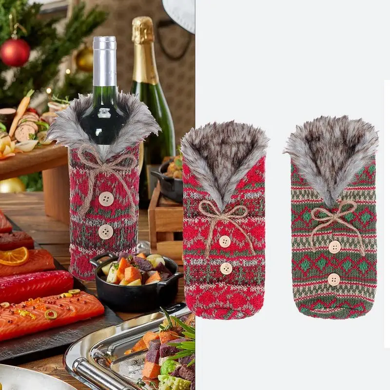 Christmas Wine Bags Decorative Wine Bottle Cover Christmas Wine Bottle Cover With Bowknot And Plush Collar Holiday Wine Bottle