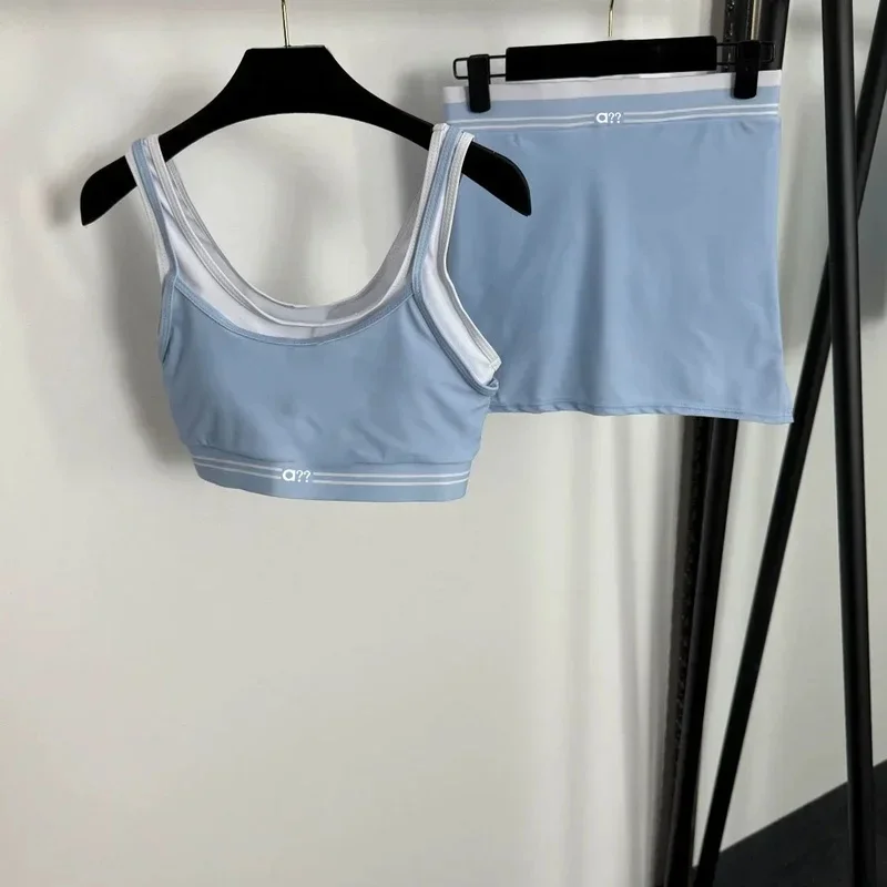 2026 Summer New Style Sportswear Set Two Fake Pieces Combined with Chest Pad Strapless V-Neck Top Short Skirt
