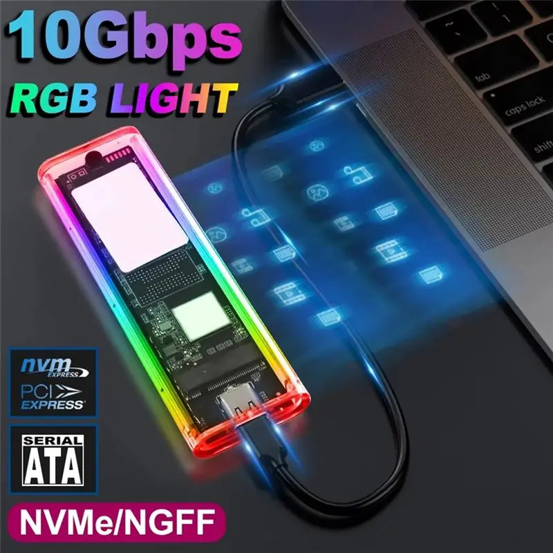 AED7-RGB M2 Nvme SSD Case M.2 NGFF SATA SSD Enclosure 10Gbps M.2 To Type-C Hard Drive Enclosure For M Key M&B Key SSD